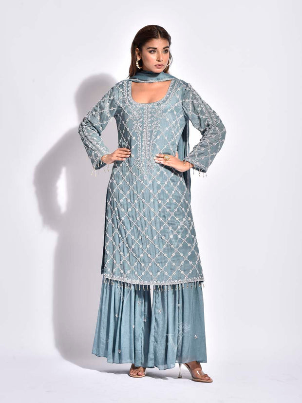 Baby Blue Embroidered Sharara Set