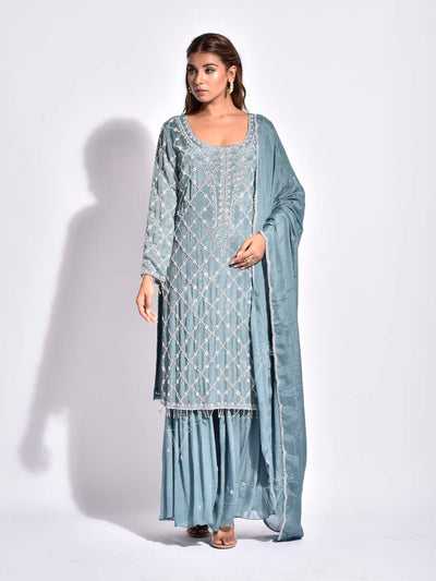 DD35, MTO, RK, Blue ,Embroidered ,Sharara Set , sharara