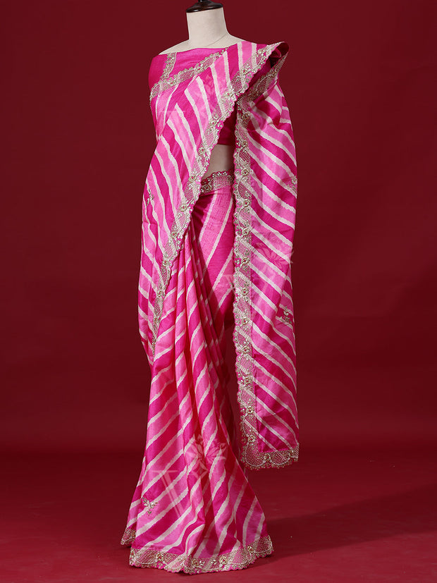 Pink Leheriya Tusser Silk Saree