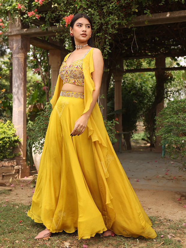 Yellow Embroidered Crop Top with Flared Palazzo Set