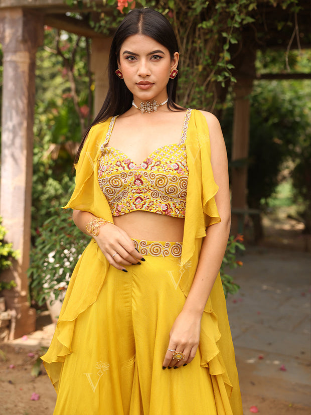 Yellow Embroidered Crop Top with Flaired Palazzo Set