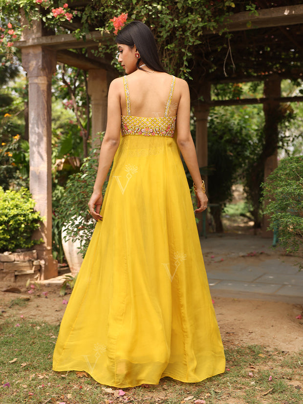 Yellow Embroidered Crop Top with Flared Palazzo Set