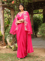 Hot Pink Silk Zardozi Drape Saree