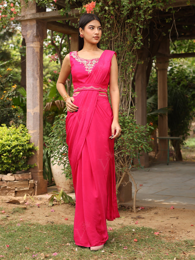 Hot Pink Silk Zardozi Drape Saree