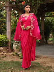 _label_New, DD35, MTO, RK, Hot Pink, Silk ,Zardozi ,Drape Saree , Saree , Pre-stitch , Pink 