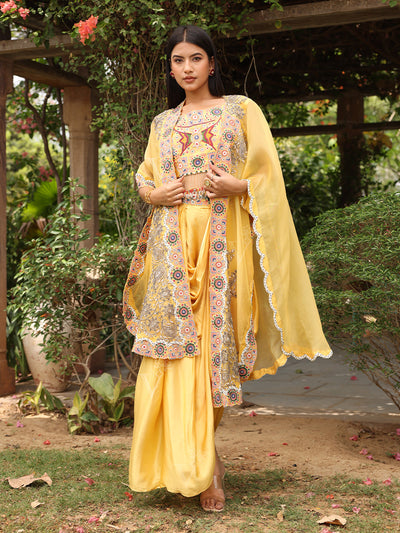 Yellow Embroidered Crop Top with Cowl Drape Skirt Set