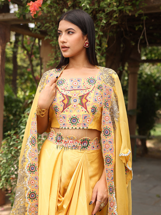 Yellow Embroidered Crop Top with Cowl Drape Skirt Set