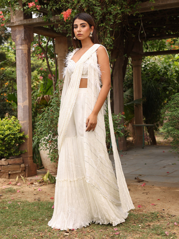 White Wrinkle Crepe Jacket and Drape Sharara Set