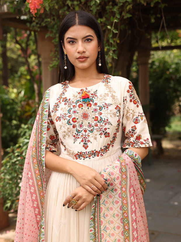 Off-White Silk Emrboidered Kurta and Palazzo Set