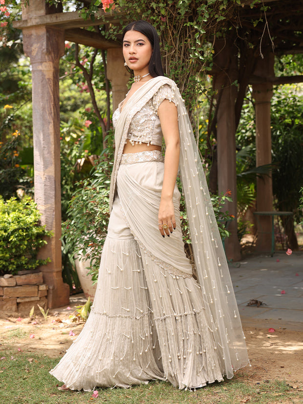 Cream Grey Wrinkle Crepe Jacket and Drape Sharara Set