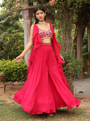 Hot Pink Embroidered Crop Top with Flaired Palazzo Set