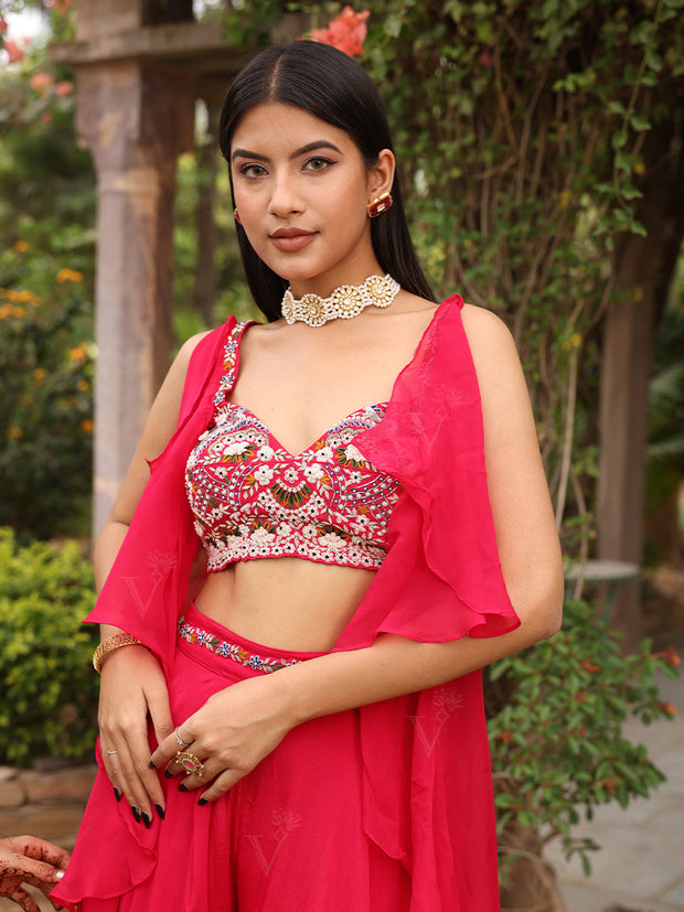 Hot Pink Embroidered Crop Top with Flared Palazzo Set