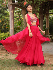 Hot Pink Embroidered Crop Top with Flared Palazzo Set