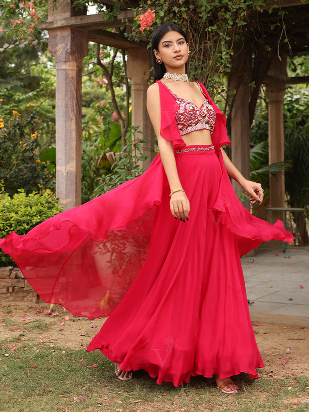 Hot Pink Embroidered Crop Top with Flaired Palazzo Set