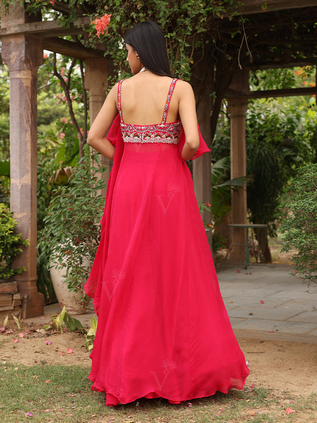 Hot Pink Embroidered Crop Top with Flared Palazzo Set