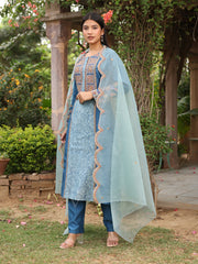 Blue Embroidered Chanderi Suit Set