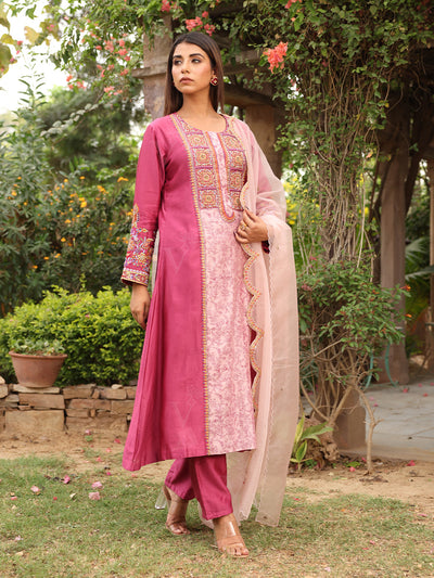 Rouge Pink Embroidered Chanderi Suit Set