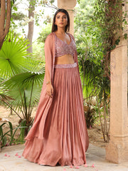 Peach Pink Wrinkle Crepe Jacket and lehenga Set