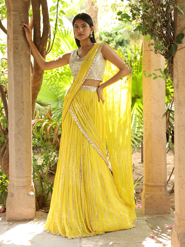 _label_New, DD35, MTO, RK, Lemon Yellow, Wrinkle Crepe, Drape Skirt Skirt set , lehenga set