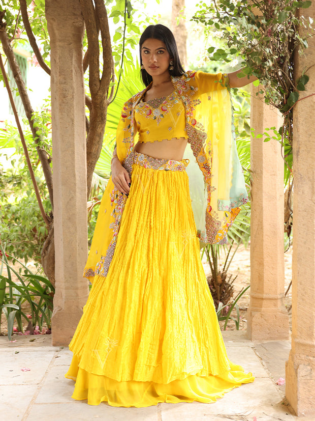 Yellow Embroidered Silk Jacket and Skirt Set