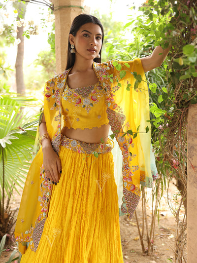 Yellow Embroidered Silk Jacket and Skirt Set