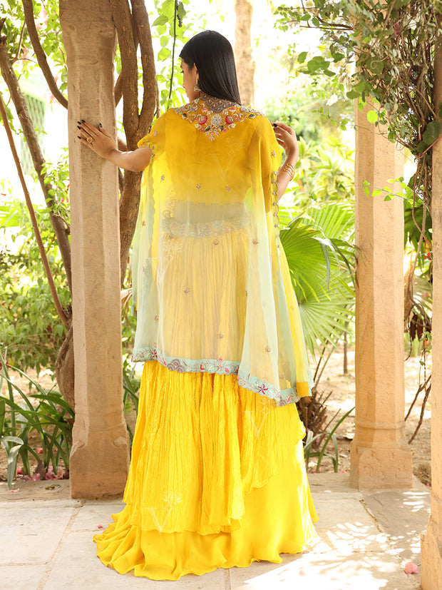 Yellow Embroidered Silk Jacket and Skirt Set