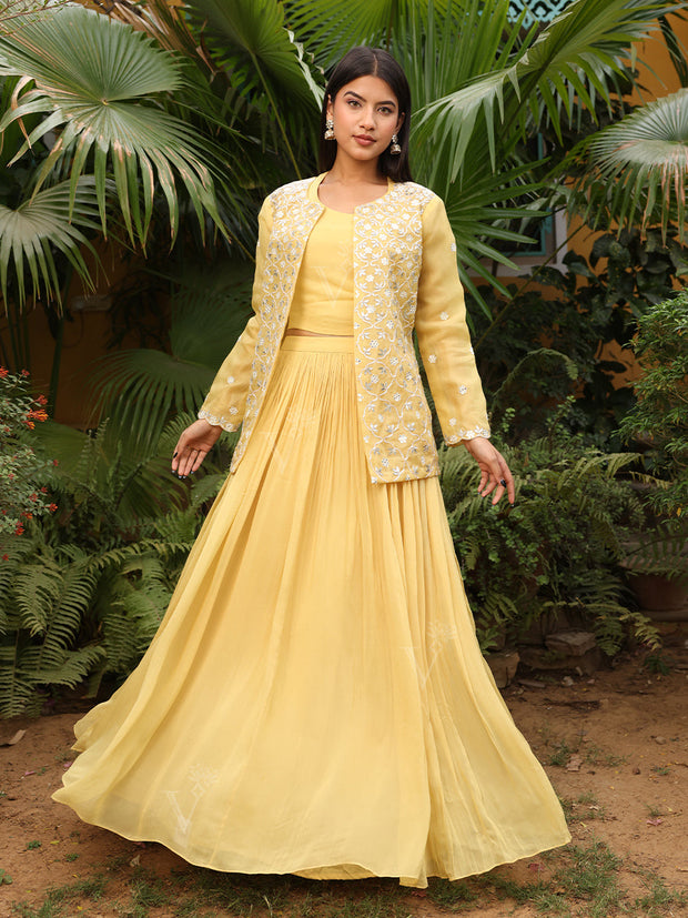 Yellow Gotta Patti Organza Jacket and Skirt Set