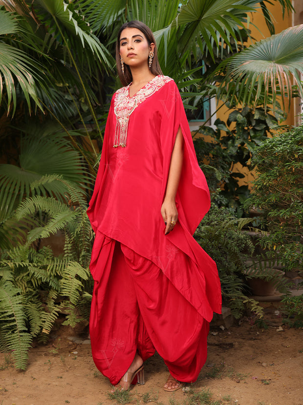 Red Satin Silk Embroidered Kaftan and Dhoti Set