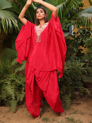 Red Satin Silk Embroidered Kaftan and Dhoti Set