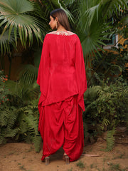 Red Satin Silk Embroidered Kaftan and Dhoti Set