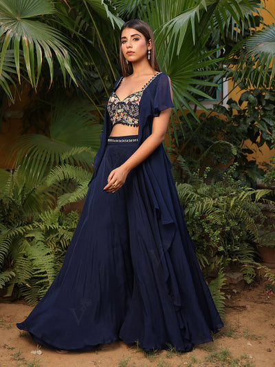 Midnight Blue Embroidered Crop Top with Flaired Palazzo Set