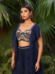 Midnight Blue Embroidered Crop Top with Flaired Palazzo Set