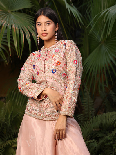 Pink Embroidered Tissue Jacket and Palazzo Set