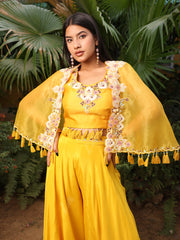 Yellow Embroidered Organza Cape and Palazzo Set