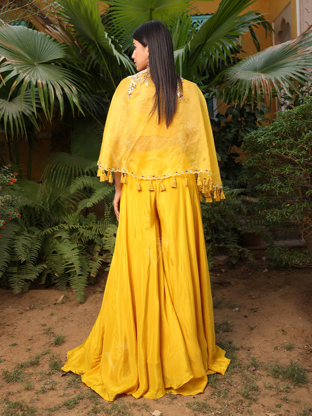 Yellow Embroidered Organza Cape and Palazzo Set