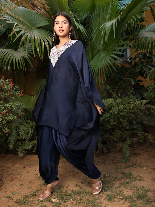 Midnight Blue Embroidered Kaftan with Dhoti Set