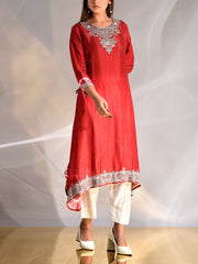 Red Silk Zardozi Kurta and Pant Set