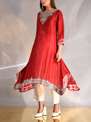 Red Silk Zardozi Kurta and Pant Set