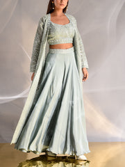 Aqua Blue Tissue Embroidered Jacket and Palazzo Set