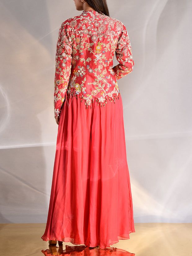 Pink Chanderi Embroidered Jacket and Palazzo Set