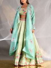 Aqua Blue Vasansi Silk Printed Lehenga Set