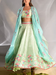 Aqua Blue Vasansi Silk Printed Lehenga Set