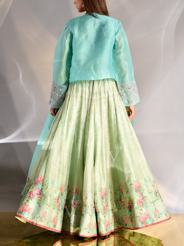 Aqua Blue Vasansi Silk Printed Lehenga Set