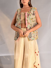 Beige Tissue Zardozi Jacket and Garara Set