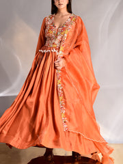 Brunt Orange Embroidered Silk Gown