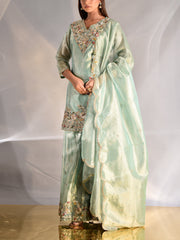 Green Tissue Zardozi Kurta and Garara Set