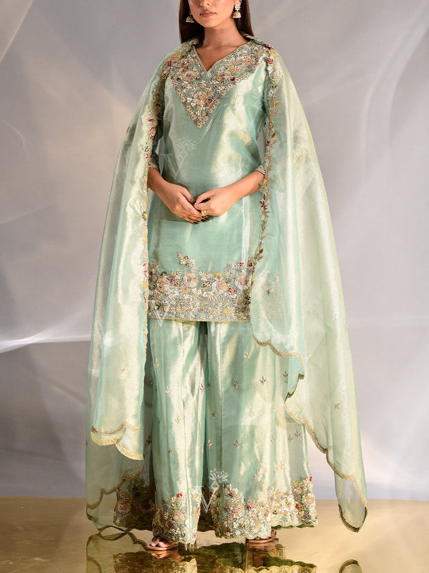 Green Tissue Zardozi Kurta and Garara Set