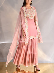 Old Rose Organza Embroidered Cape and Sharara Set