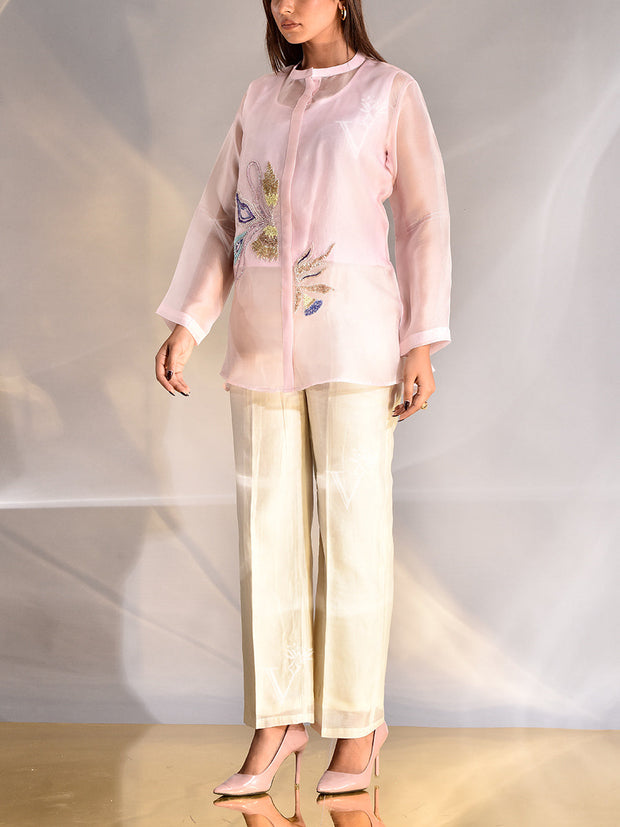 Pink Embroidered Organza Shirt