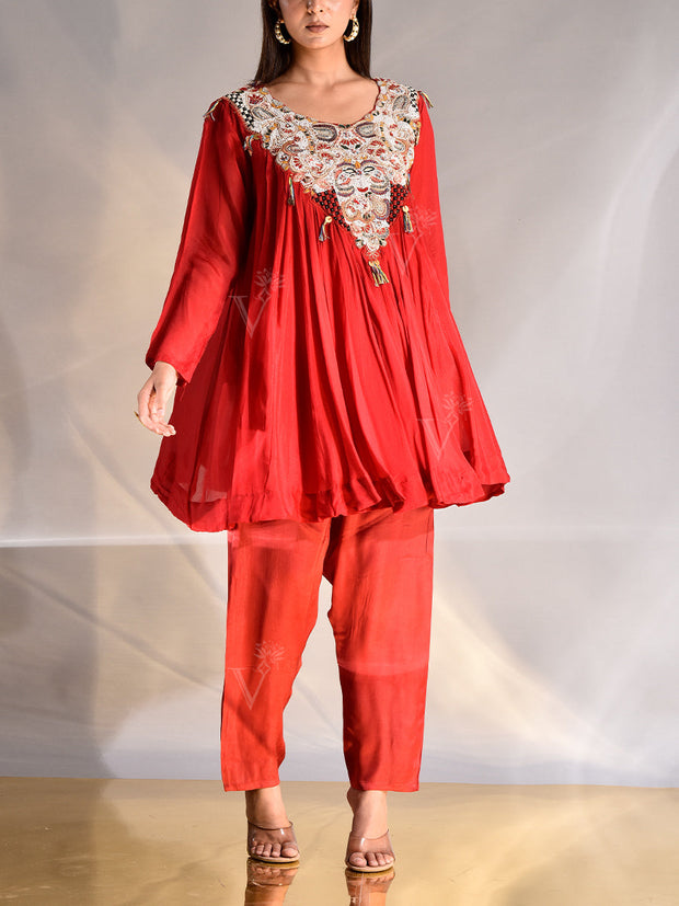 Red Wrinkle Crepe Embroidered Top and Pant Set